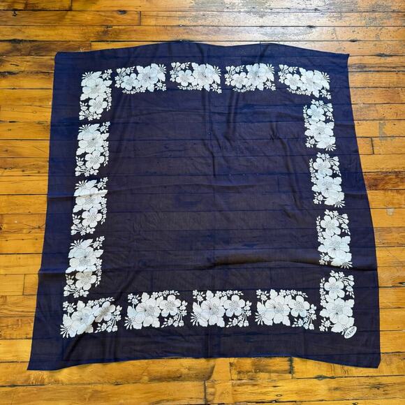 Japanese Yakut Navy Floral Silk Square Scarf - Picture 4 of 5